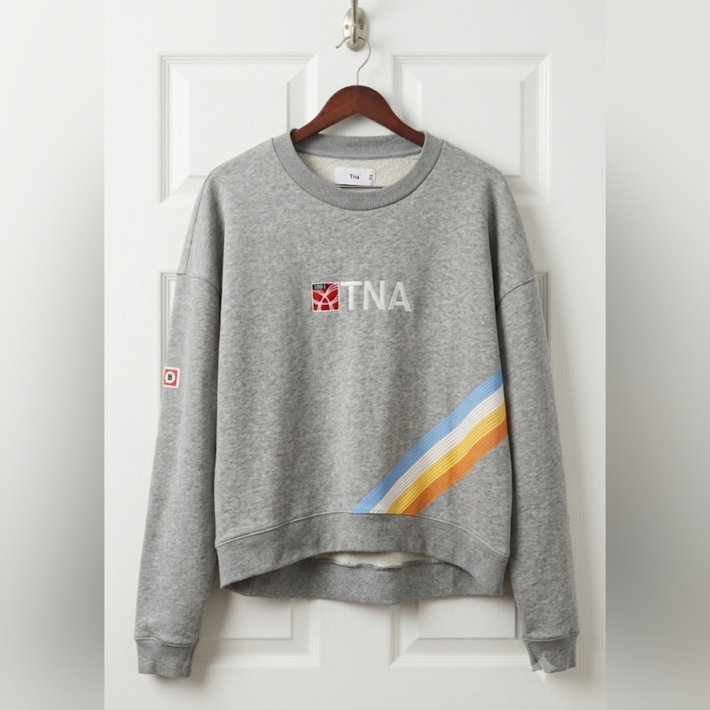 TNA Grey Cropped Sweatshirt with Blue, Yellow & Orange Stripe - Picture 2 of 6
